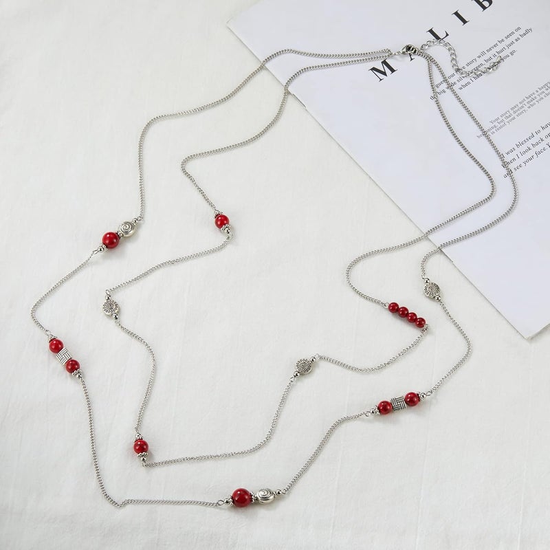 BULINLIN Layered Silver Long Necklace for Women Turquoise Stone Beaded Strand Sweater Chain Necklaces Fashion Costume Jewelry Gifts for Mom - Image 3